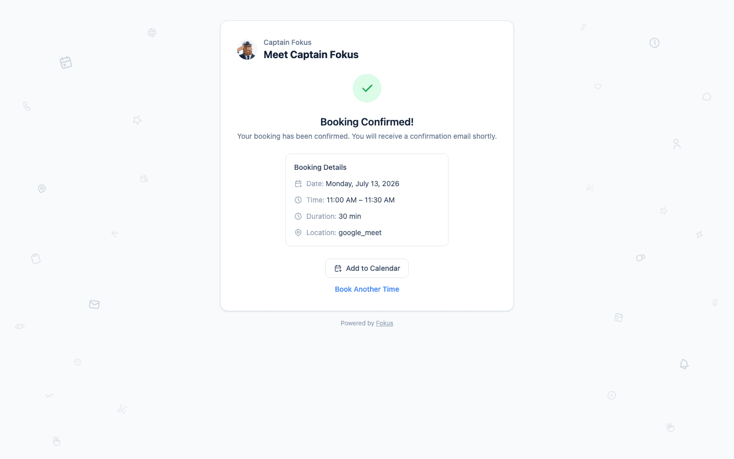 Booking confirmed: date, time, duration, and location with Add to Calendar