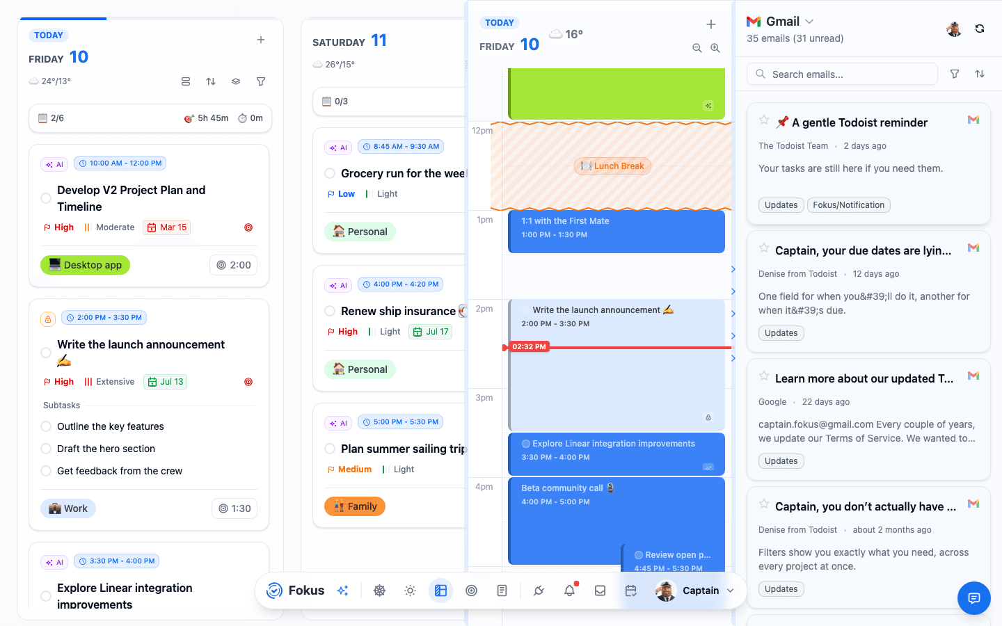 The Gmail panel with assistant category labels applied to each email