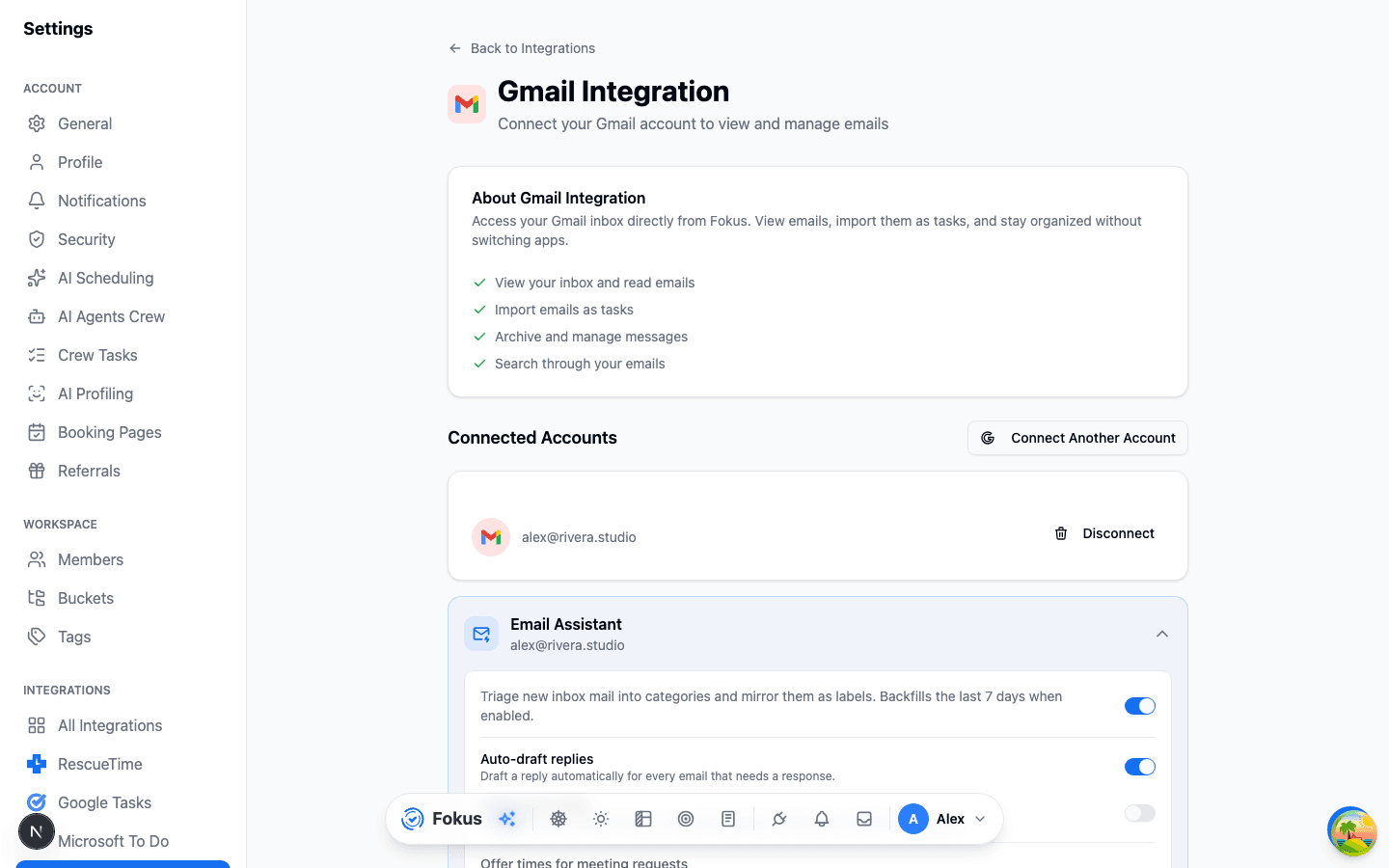 Email Assistant enabled on a Gmail account, with drafting and auto-archive options