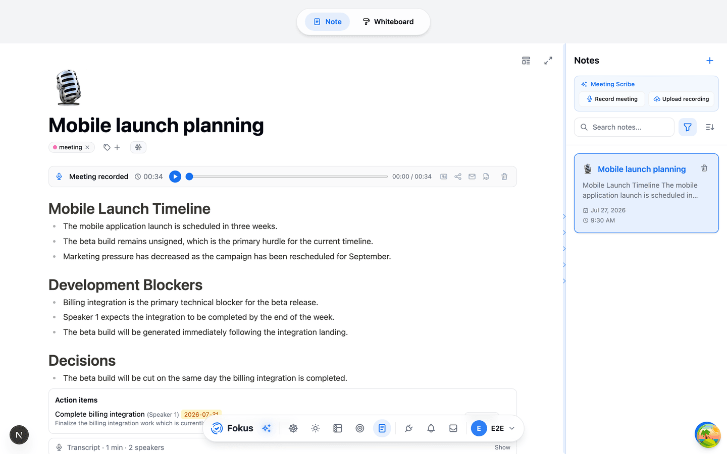 A Scribe meeting note: audio player plus an AI summary organized into topics, decisions, and action items