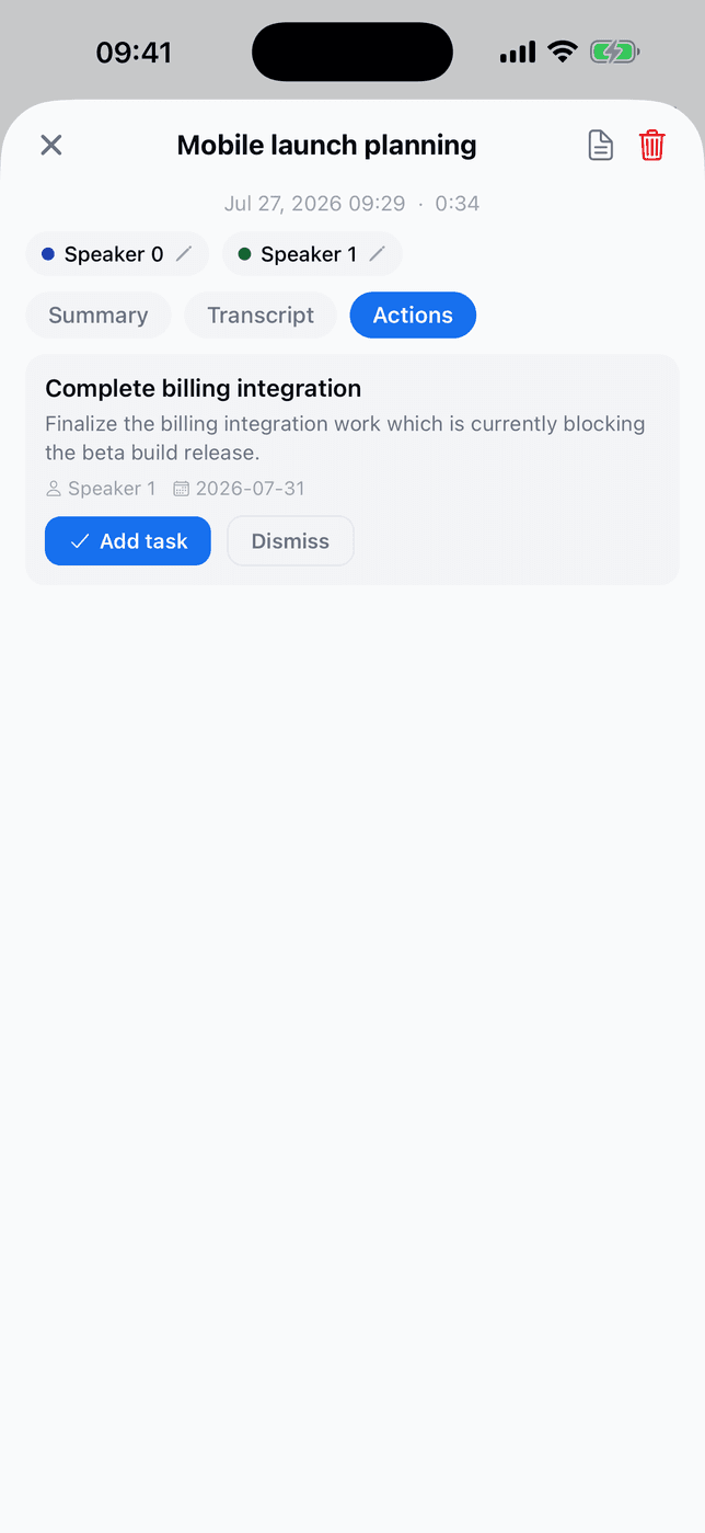 The Actions tab on mobile showing an extracted action item with Add task and Dismiss