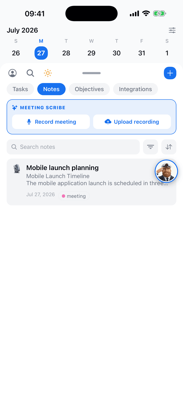 The Meeting Scribe card on mobile with Record meeting and Upload recording, above the notes list