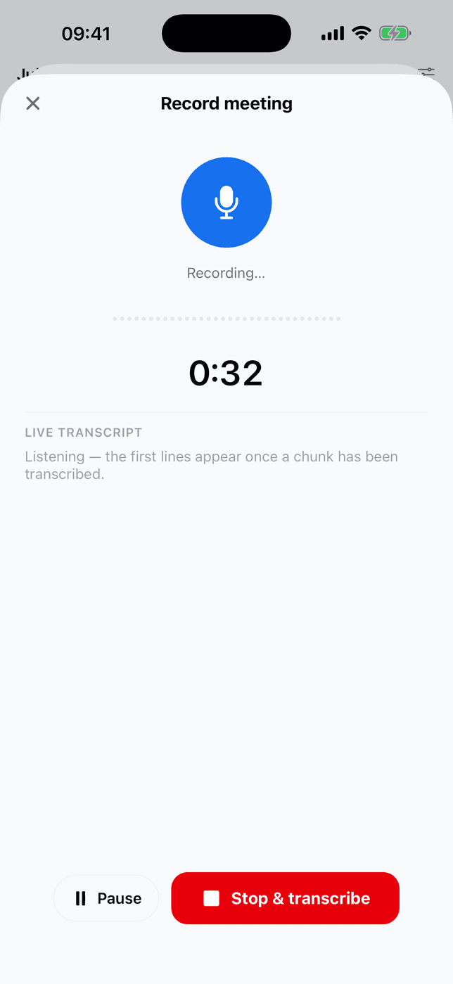 The mobile record screen: microphone button, level meter, timer, live transcript area, and Pause and Stop and transcribe buttons