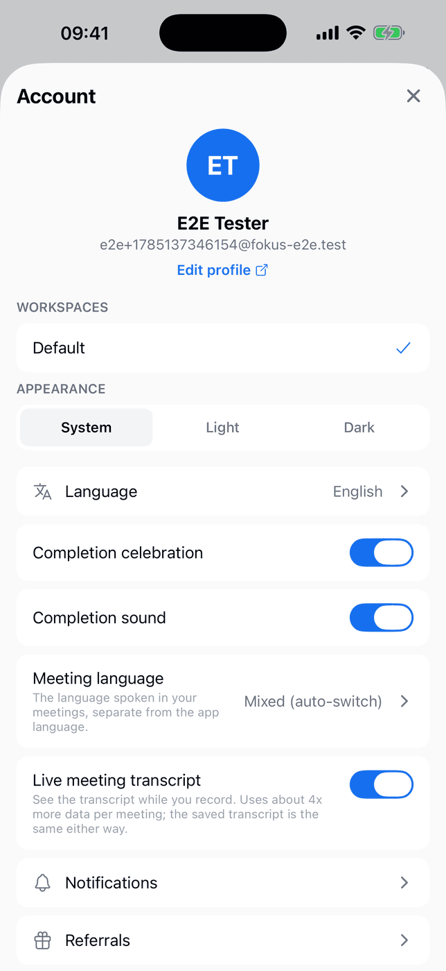 Mobile account settings showing Meeting language and the Live meeting transcript toggle