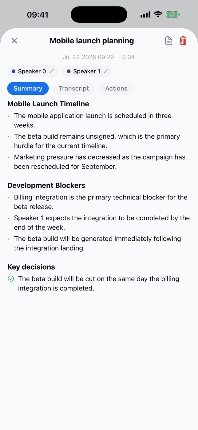 A finished meeting on mobile: speaker chips, Summary / Transcript / Actions tabs, and the summary organised into topics and key decisions