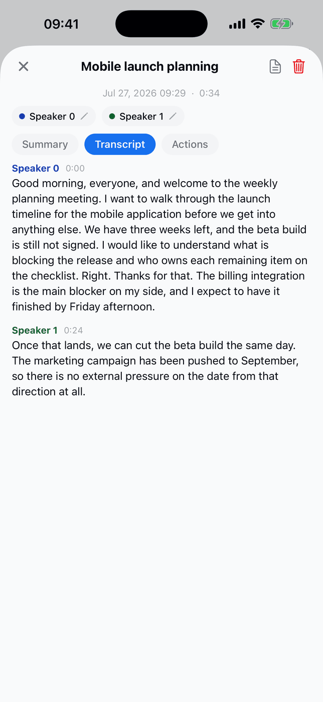 The transcript tab on mobile with speaker-labeled, timestamped paragraphs