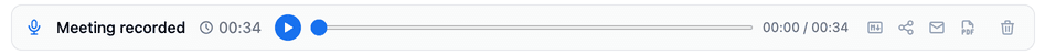The meeting player row with export to Markdown, export to PDF, share, email draft, and delete buttons
