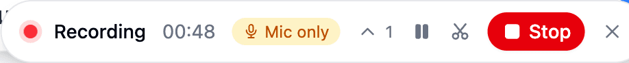 The recording pill: elapsed time, a Mic only badge, expand, pause, split, and stop controls