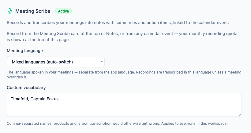 The Meeting Scribe section in settings, with the Meeting language dropdown and the Custom vocabulary field