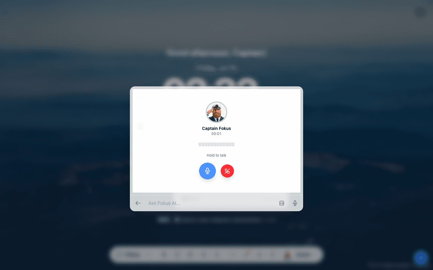 An active voice call with Captain Fokus — timer, level meter, hold-to-talk, and hang-up