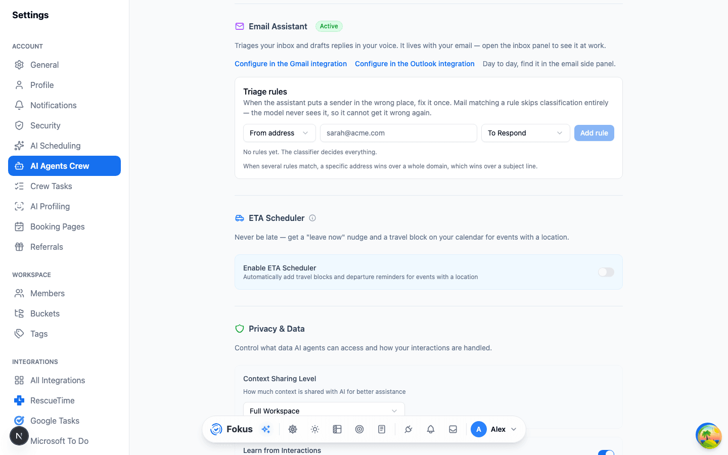 The Email Assistant agent on the AI Agents settings page, with its triage rules underneath