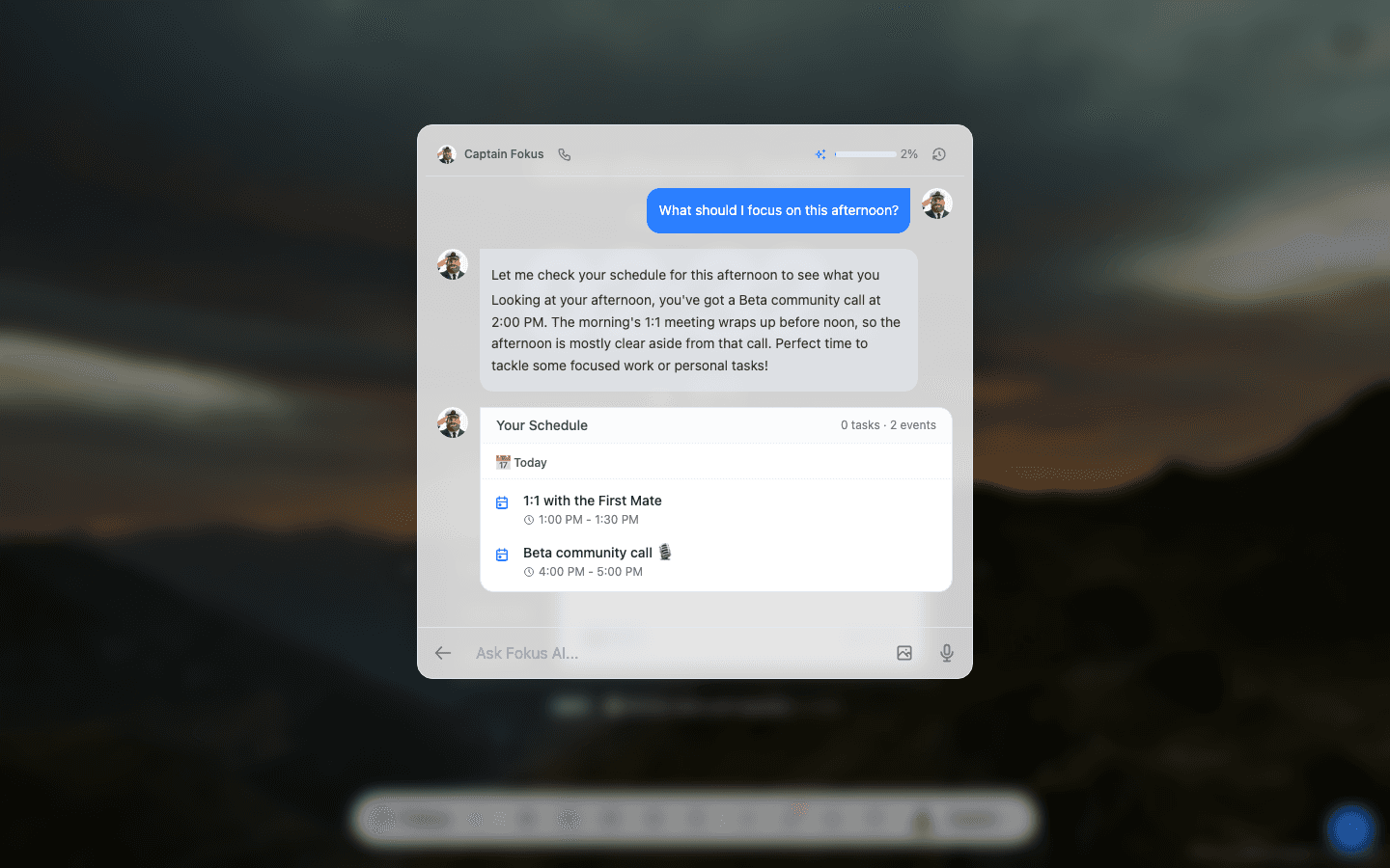 Captain Fokus answering with a schedule summary card