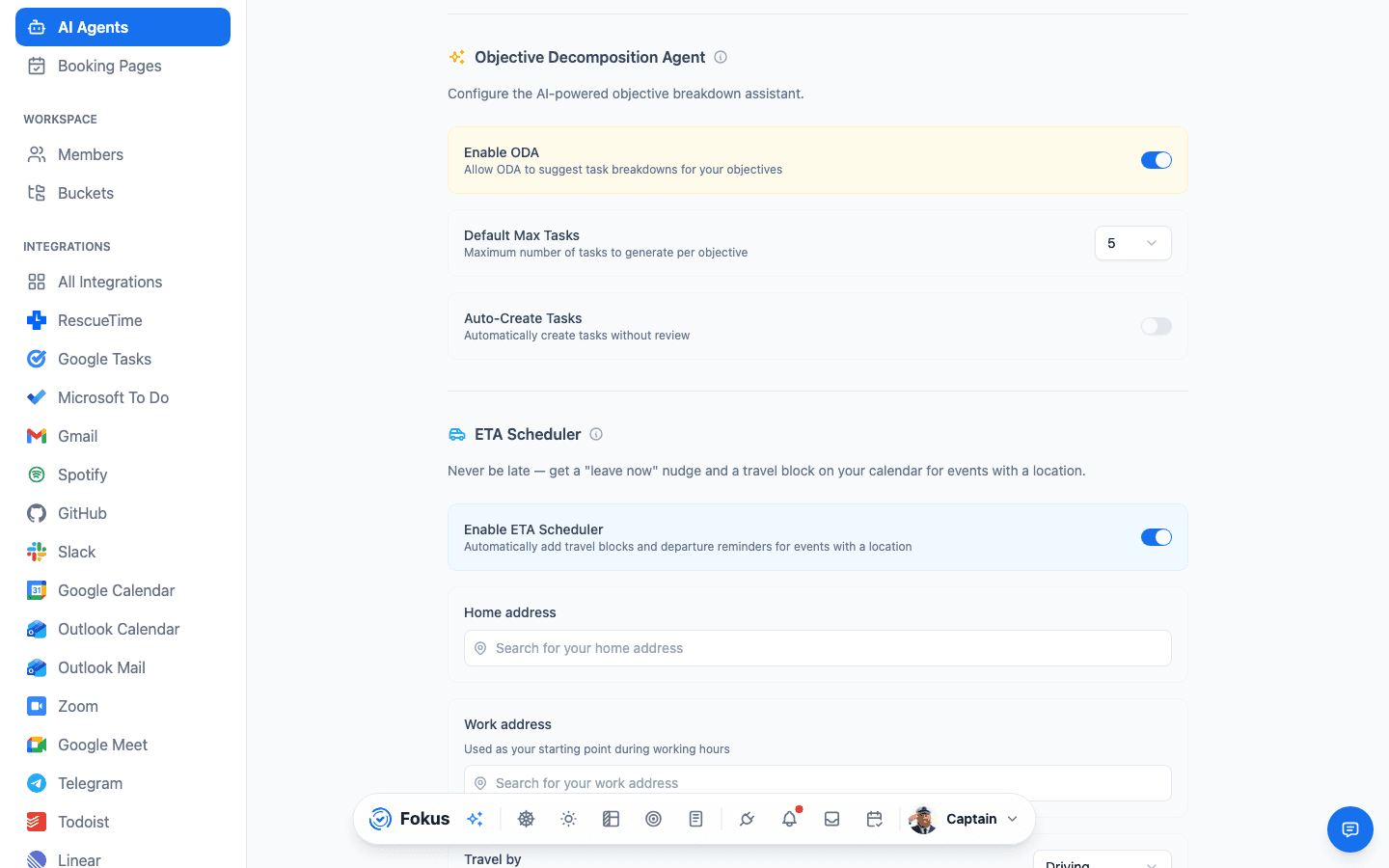 ETA Scheduler settings: enable toggle, home address, work address, travel mode, and buffer
