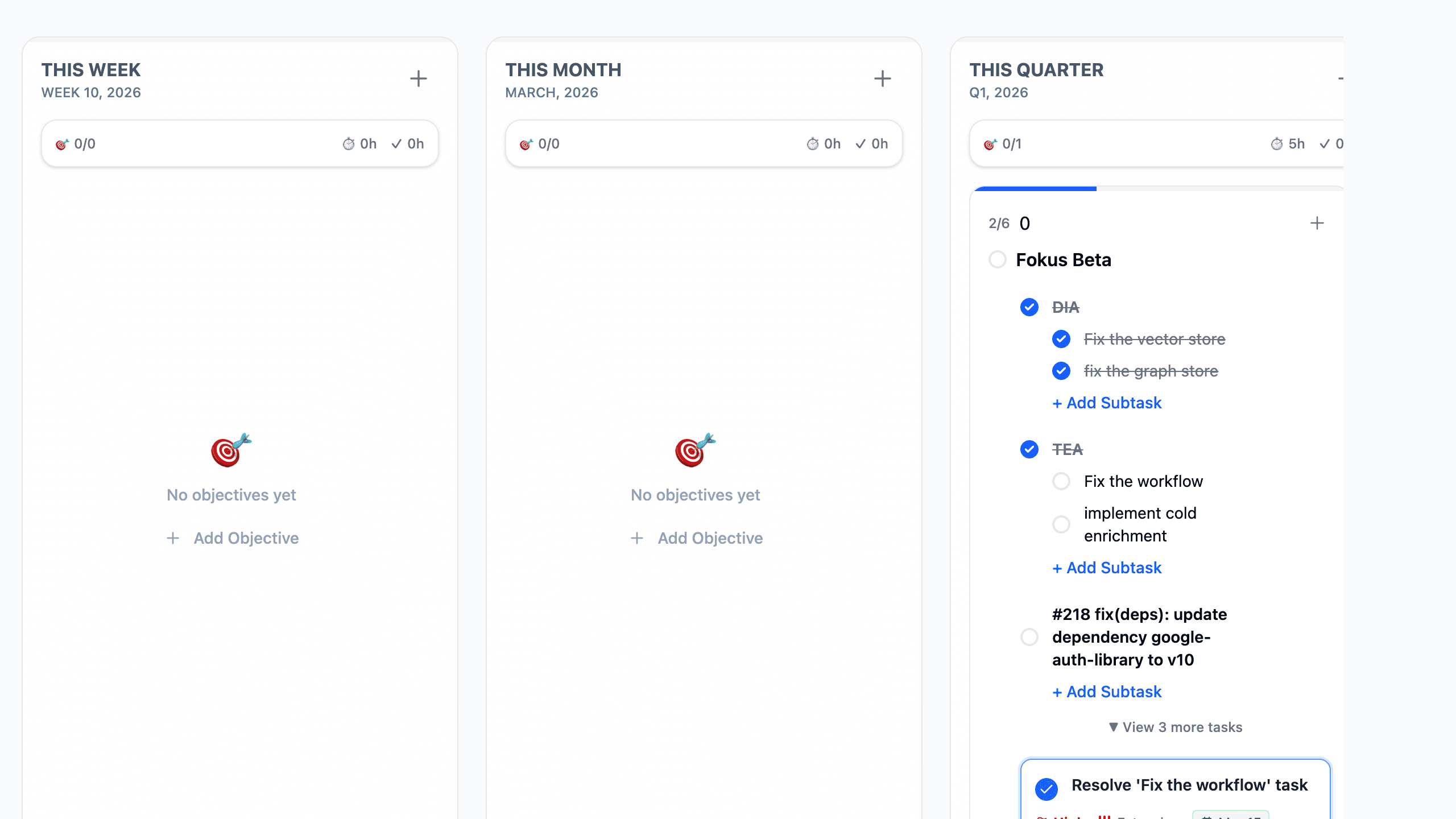 ODA generating reviewable task proposals inside an objective card in Fokus