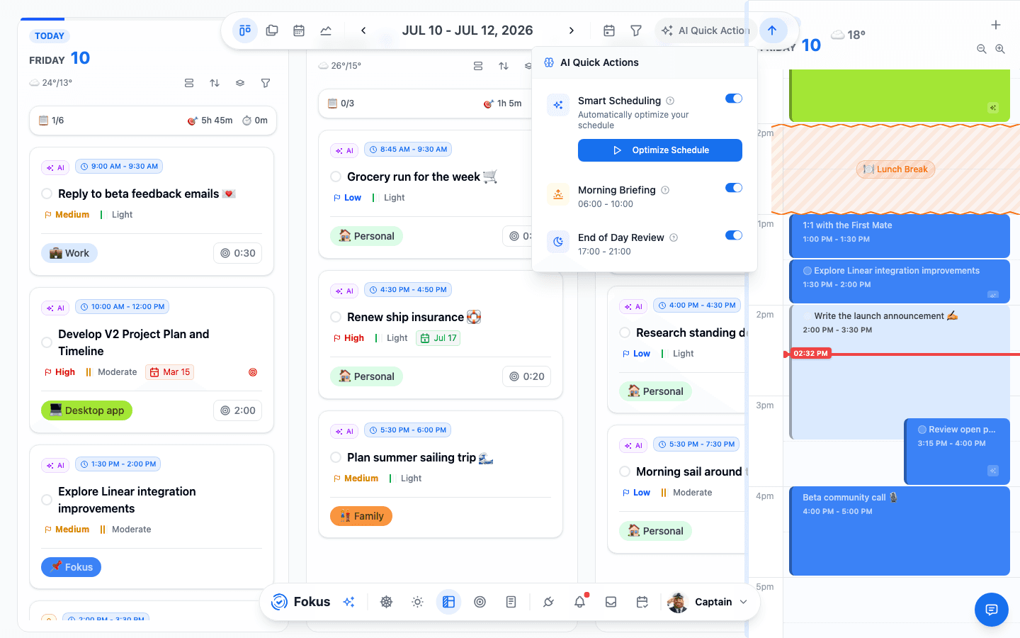 AI Quick Actions popover with Smart Scheduling, Morning Briefing, and End of Day Review