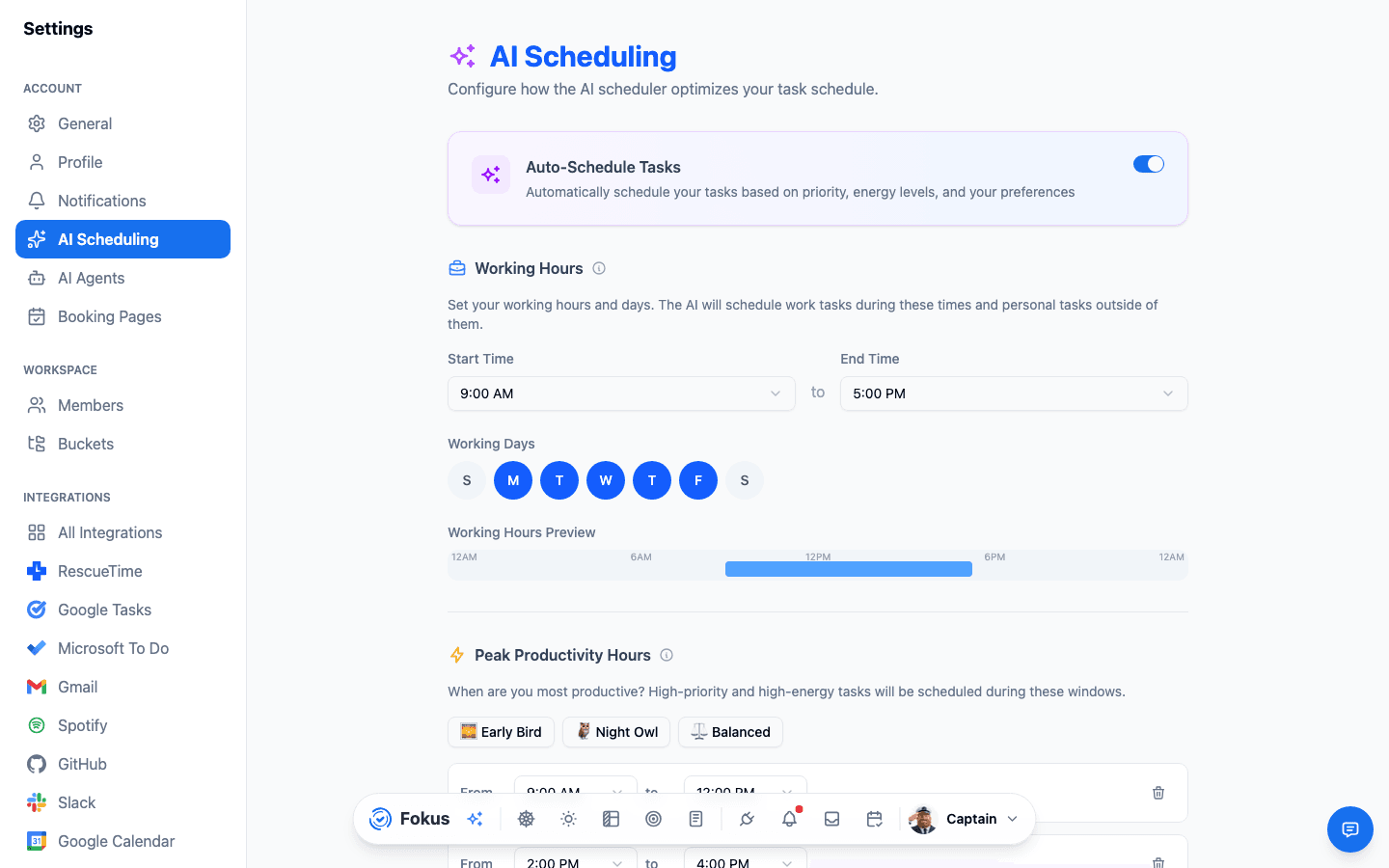 AI Scheduling settings — working hours, peak hours, and rest hours define your energy map