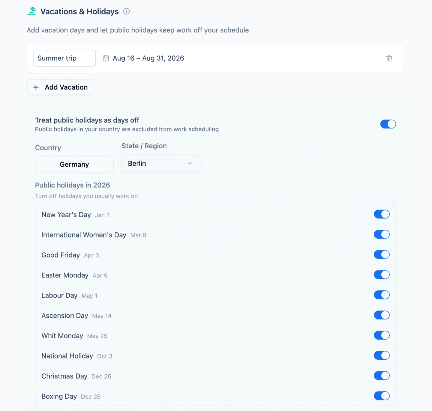 Vacations & Holidays settings: a Summer trip vacation range, plus the public-holiday toggle with a country/region picker and a per-holiday list