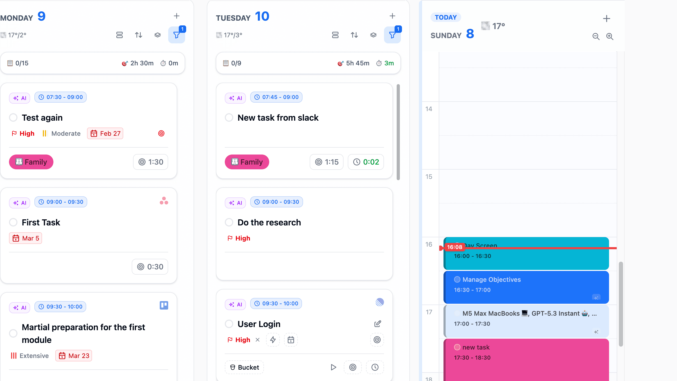 AI-enriched tasks visible across the Kanban planner in Fokus