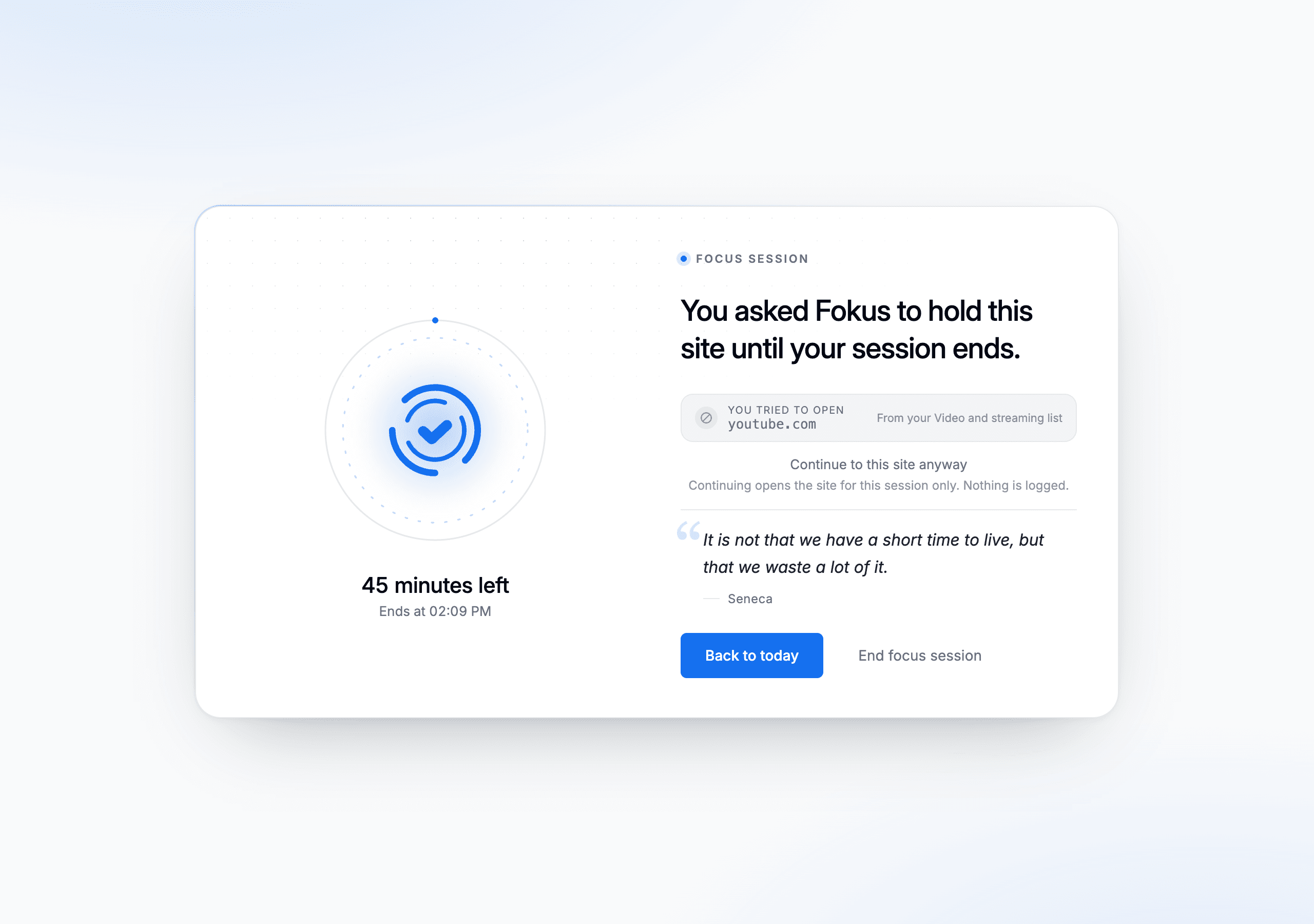 The Fokus blocked page: time remaining, the site you tried to open, why it's blocked, and a way through