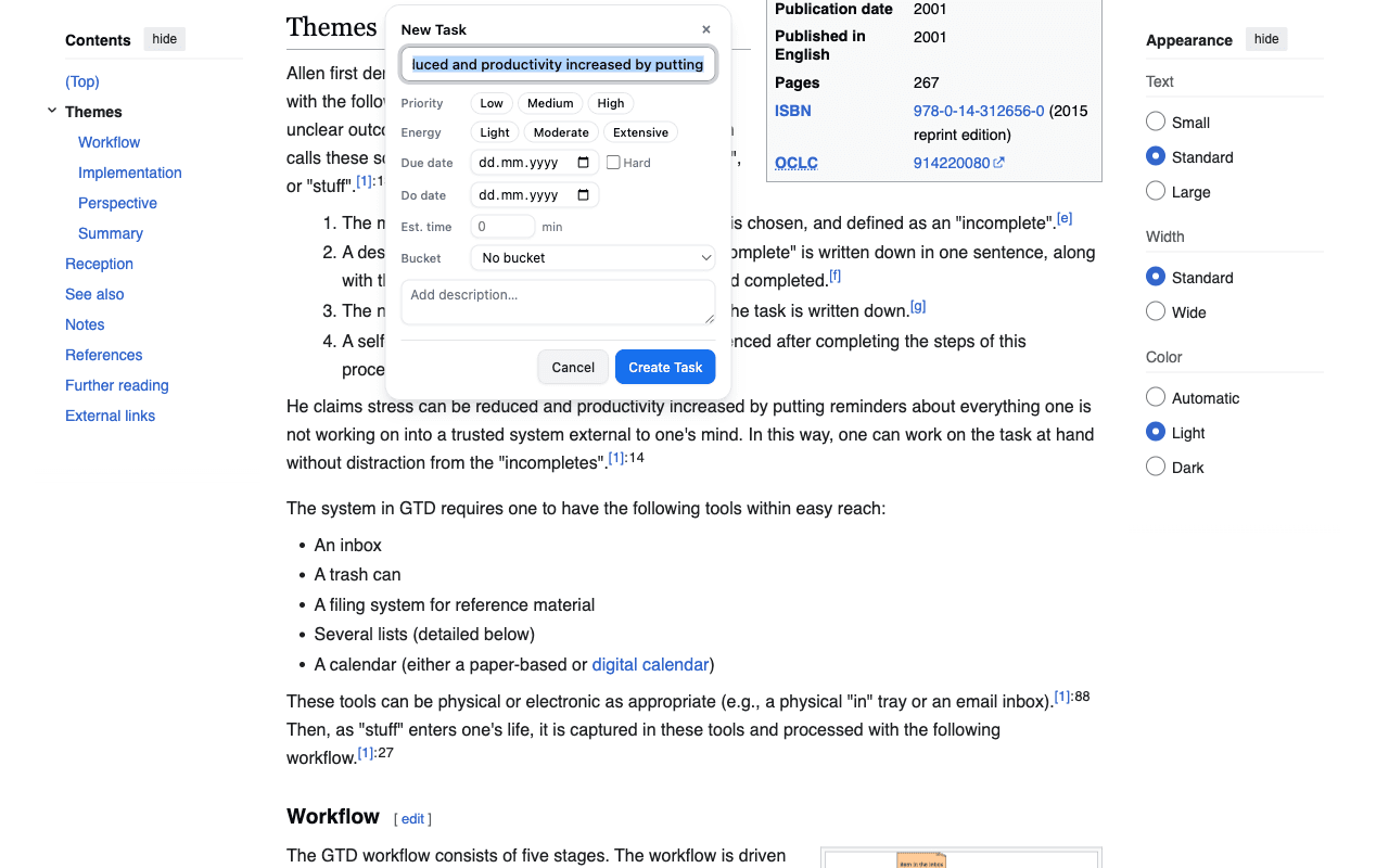 The inline New Task form on the page with priority, energy, dates, estimate, bucket, and description