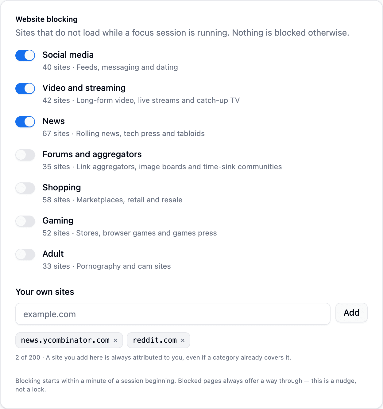 Website blocking settings: seven category switches, and a field for adding your own sites