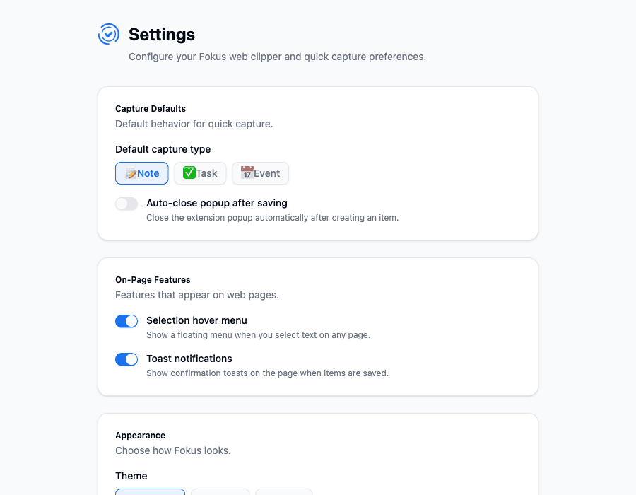 Extension settings: default capture type, auto-close popup, hover menu, toasts, and theme