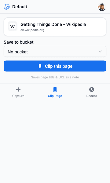 Clip Page showing the current tab's title and URL with a Clip this page button