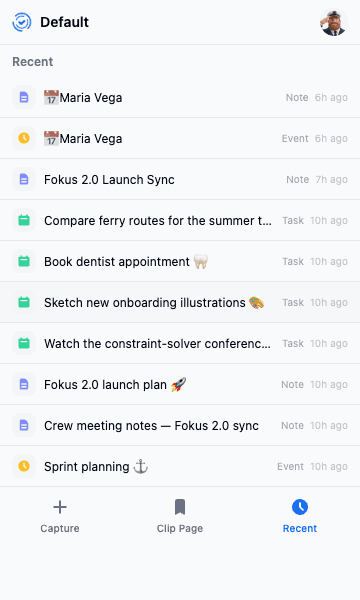 The Recent tab listing recently captured notes, tasks, and events
