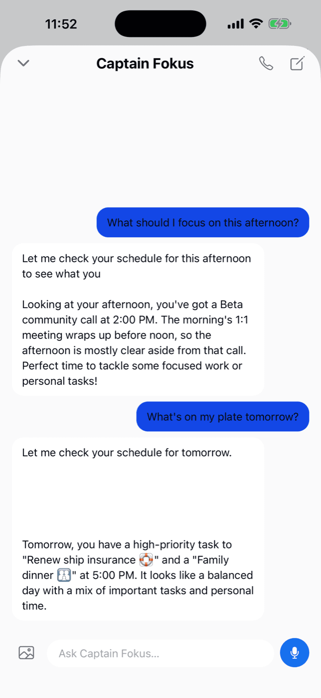 Captain Fokus chat on mobile answering a question about today's schedule