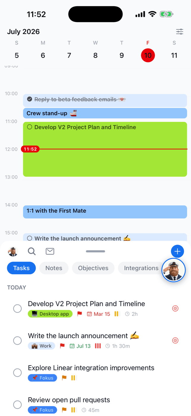 The mobile home screen: today's timeline above, task list below, with a red now-line