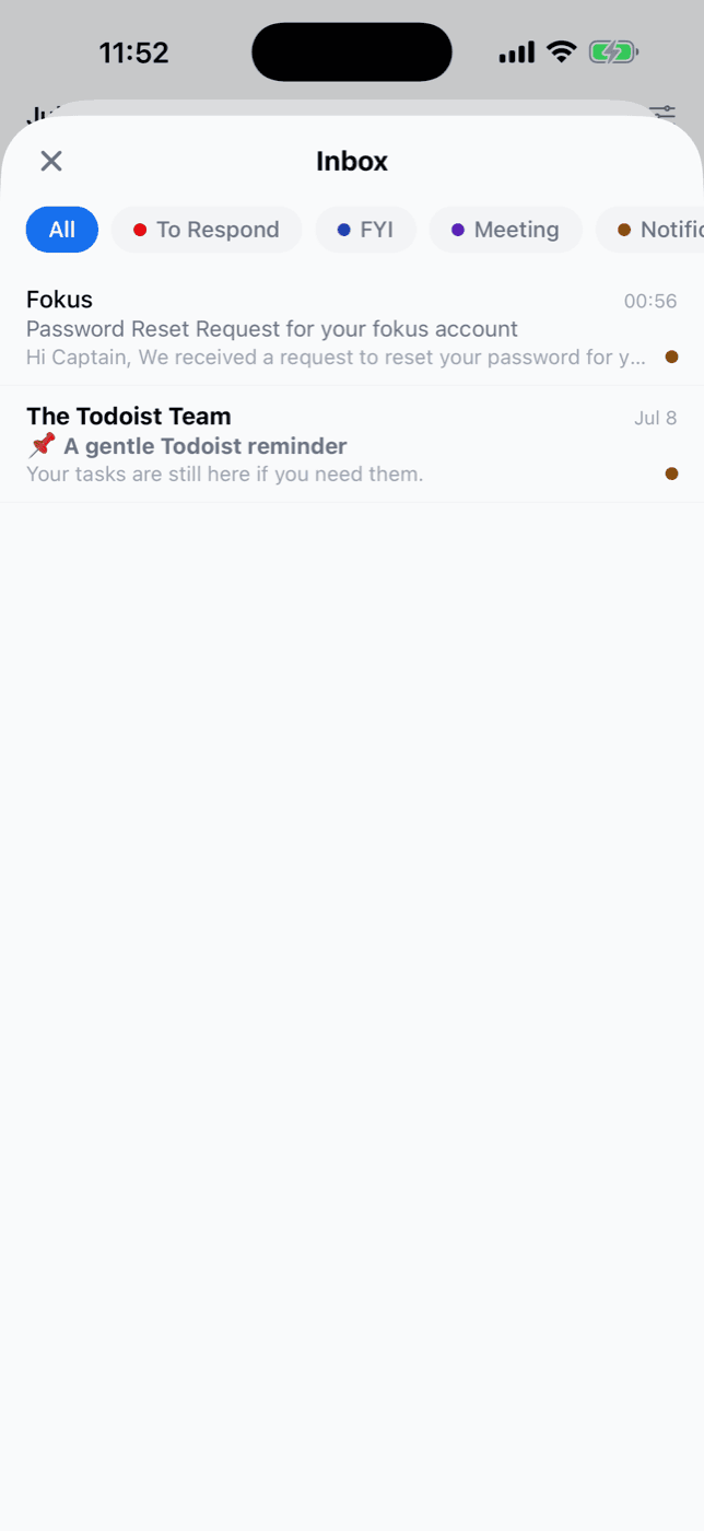 The mobile inbox with To Respond, FYI, Meeting, and Notifications filters