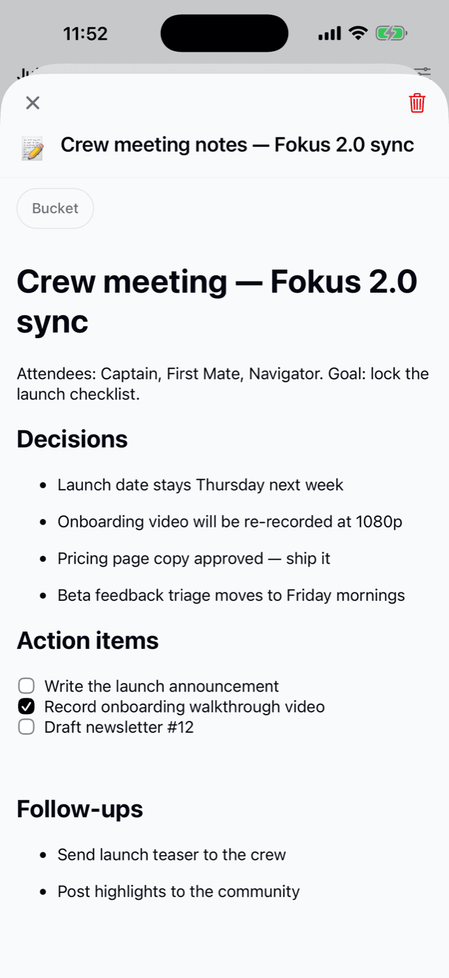 A meeting note rendered on mobile with headings, bullets, and a checklist