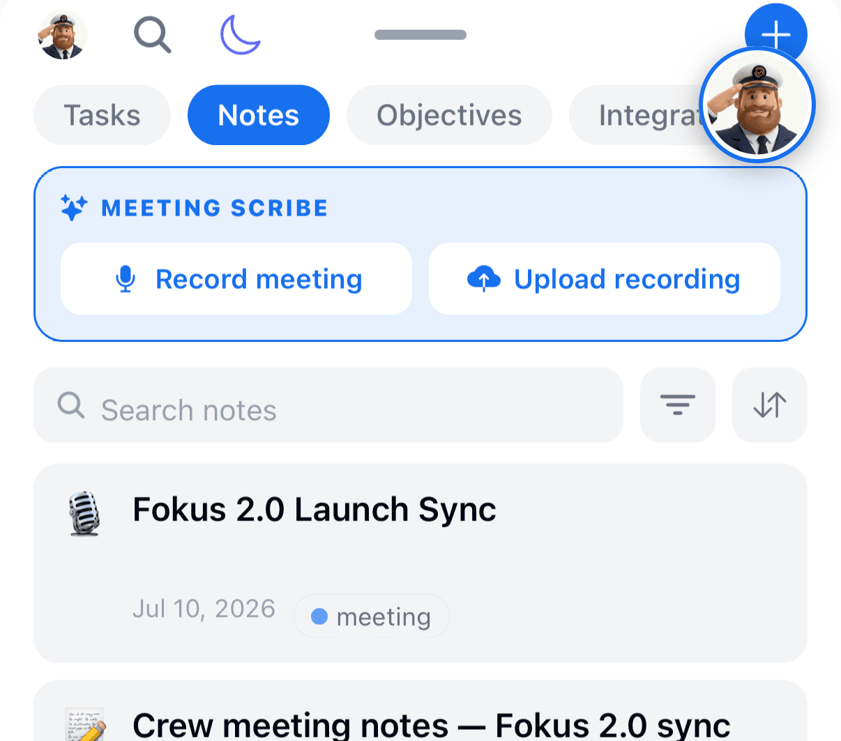 The Notes tab on mobile with a search box, filter and sort buttons, and the Meeting Scribe card