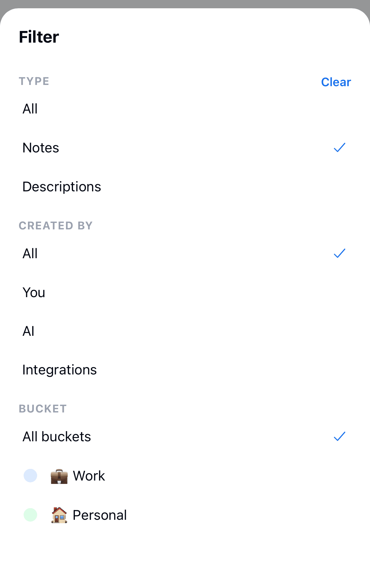 The Notes filter sheet with Type, Created by, and Bucket sections