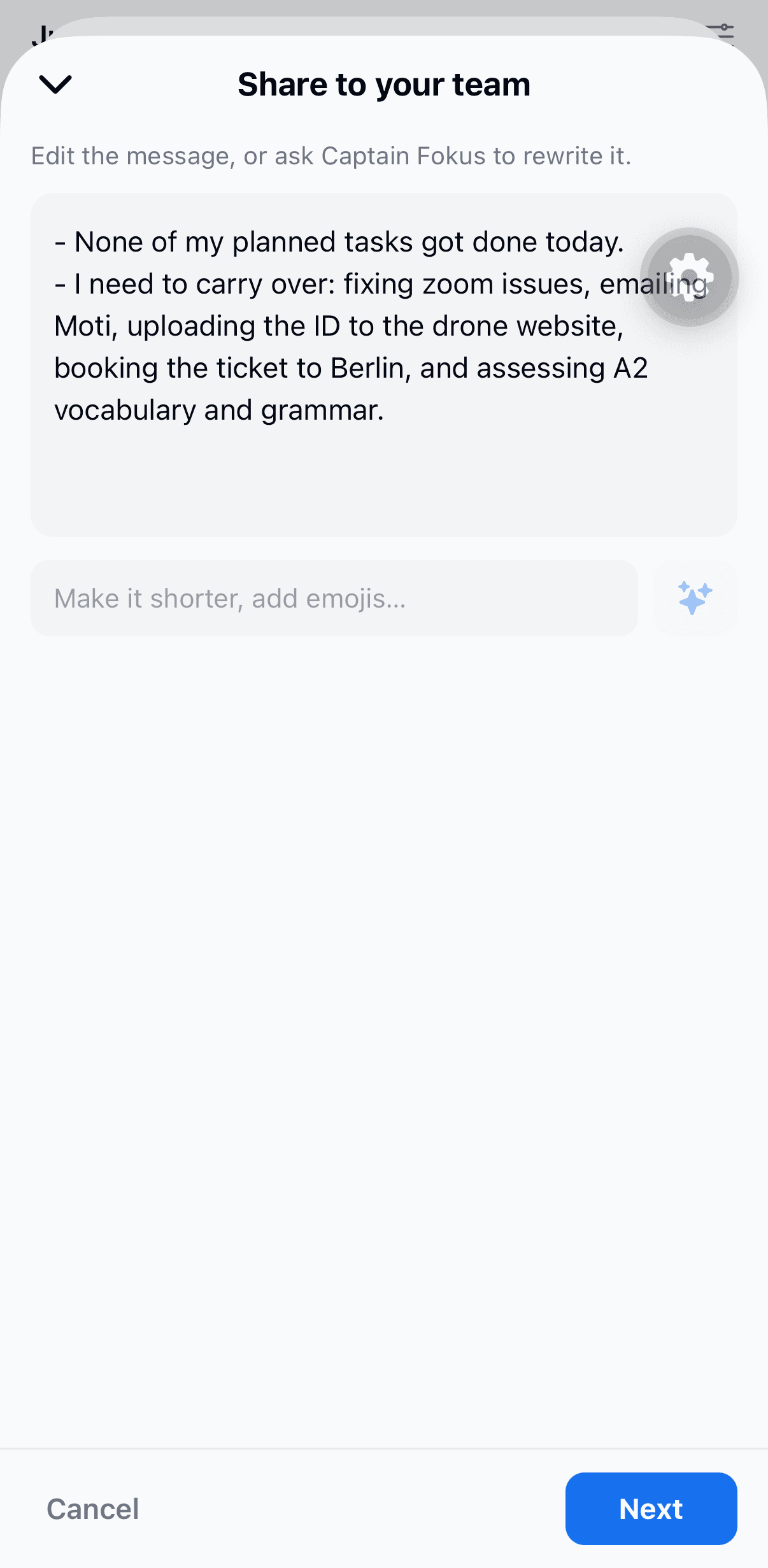 The share composer on mobile with an AI-written first-person standup message