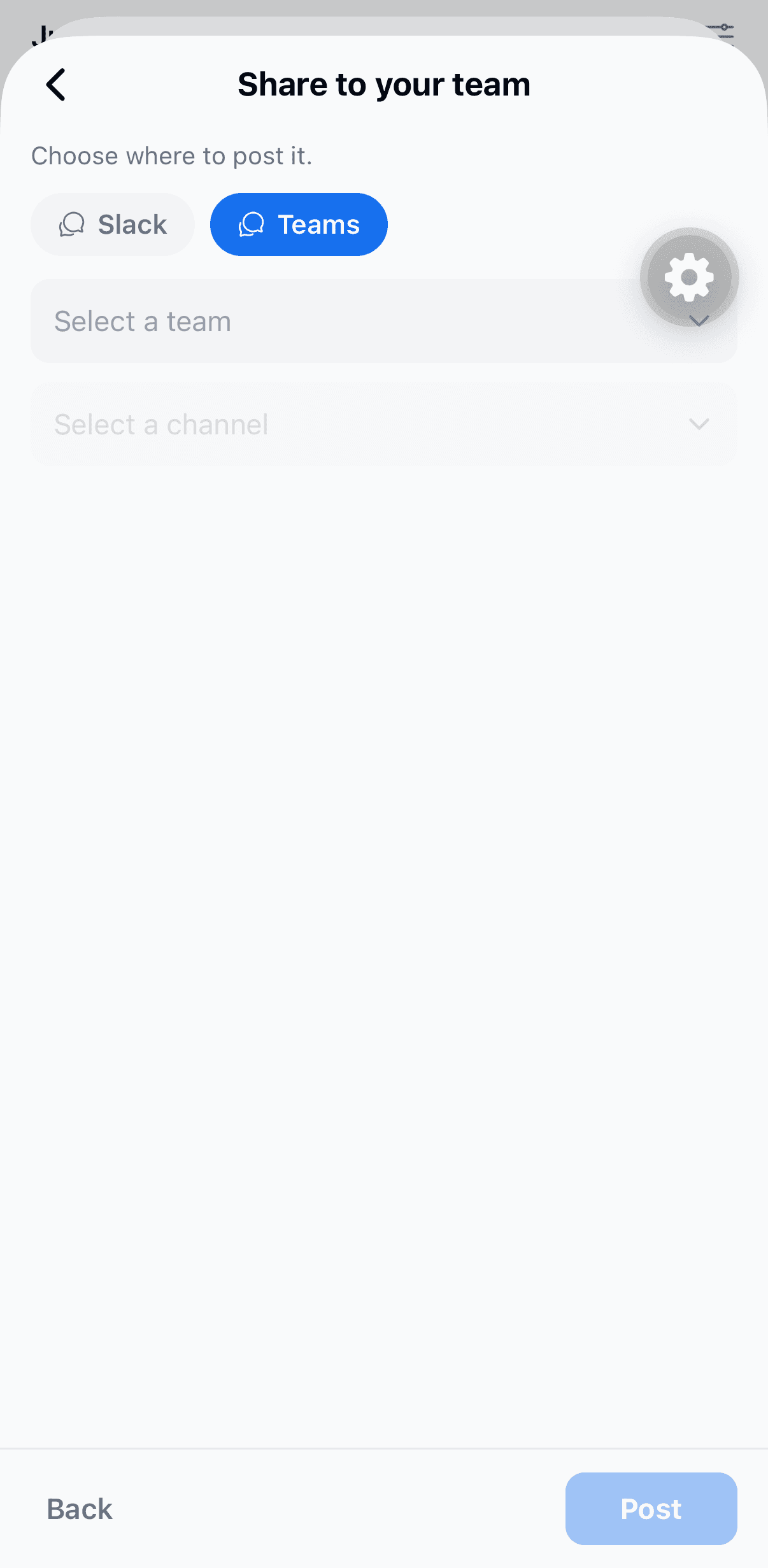 Choosing a Microsoft Teams team and channel to post the brief to