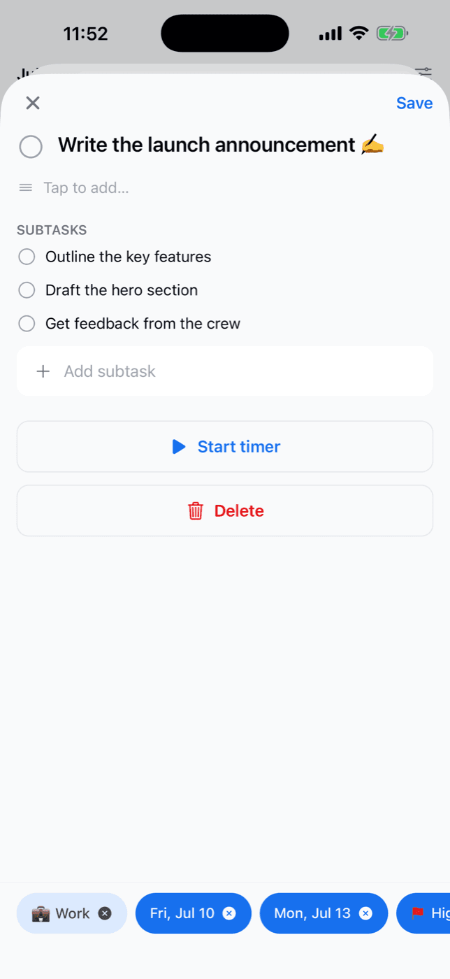A task open on mobile with subtasks, Start timer, and chips for bucket, dates, and priority