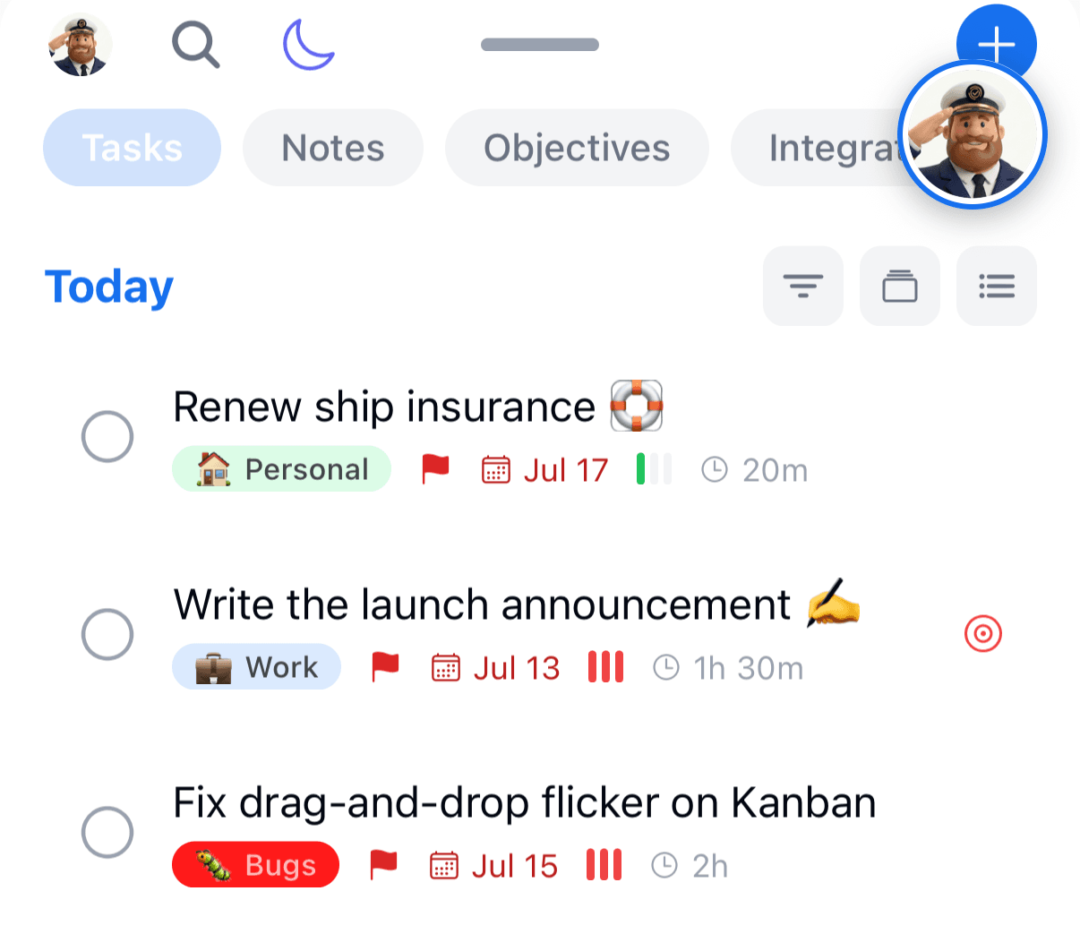 The Today list header on mobile with filter, group, and view-mode buttons