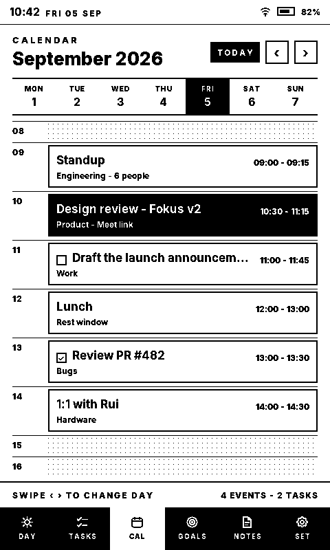 The Sticky Calendar view: a week strip with today inverted, then the day hour by hour with events and scheduled tasks in their slots