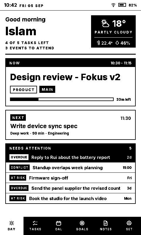 The Sticky Day view: a greeting and weather block, a NOW card with a progress bar, a NEXT card, and a NEEDS ATTENTION list