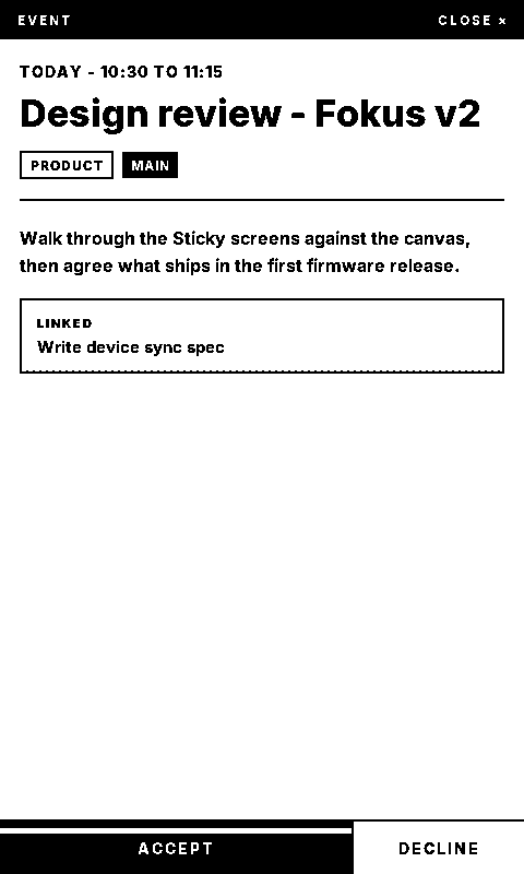 A Sticky detail sheet for an event: the time, the title, a bucket chip, the description, and ACCEPT and DECLINE along the bottom