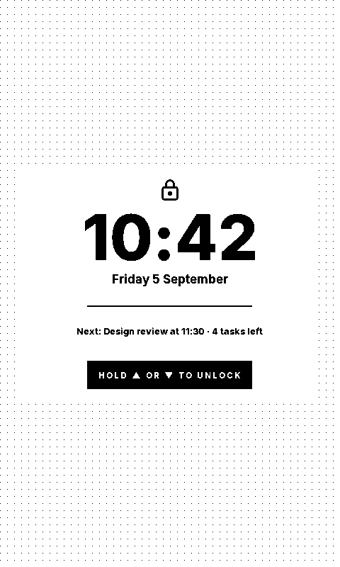 The Sticky lock screen: a padlock, a large clock, the date, what is next, and a hint to hold up or down to unlock
