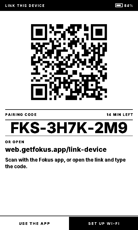 The Sticky showing a pairing QR code, the code FKS-3H7K-2M9, 14 minutes left, and the link web.getfokus.app/link-device