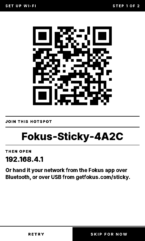 The Sticky showing a QR code for its own setup hotspot, the network name Fokus-Sticky-4A2C, and the address 192.168.4.1 to open next