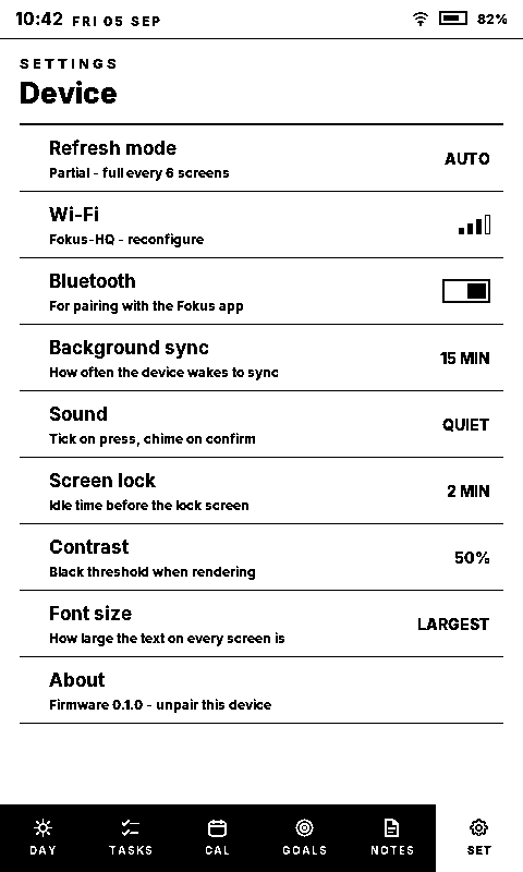 The Sticky Settings list: refresh mode, Wi-Fi, Bluetooth, background sync, sound, screen lock, contrast, font size and about