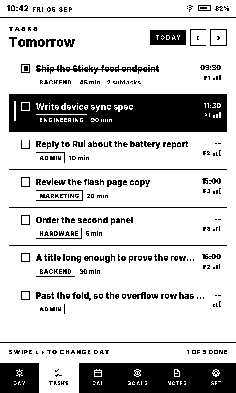 The Sticky Tasks view: a list of tasks with checkboxes, bucket chips, times and priority, one row inverted to show the cursor