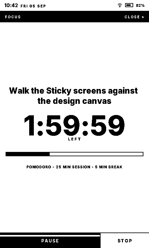 The Sticky timer screen: the task title, a large countdown, a progress bar, the session length, and PAUSE and STOP along the bottom
