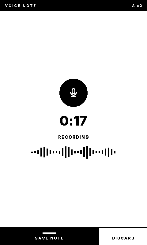 The Sticky recording a voice note: a microphone in a filled circle, 0:17 elapsed, the word RECORDING, and a level trace, with SAVE NOTE and DISCARD along the bottom