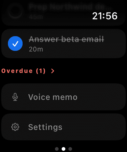 The lower half of Today: a completed task struck through, a red Overdue (1) group, and Voice memo and Settings rows