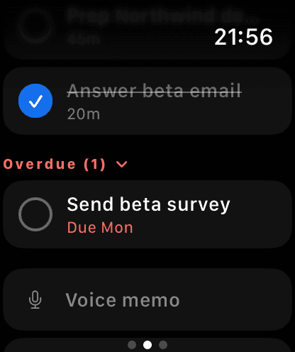 The overdue group expanded, showing Send beta survey with a red Due Mon label